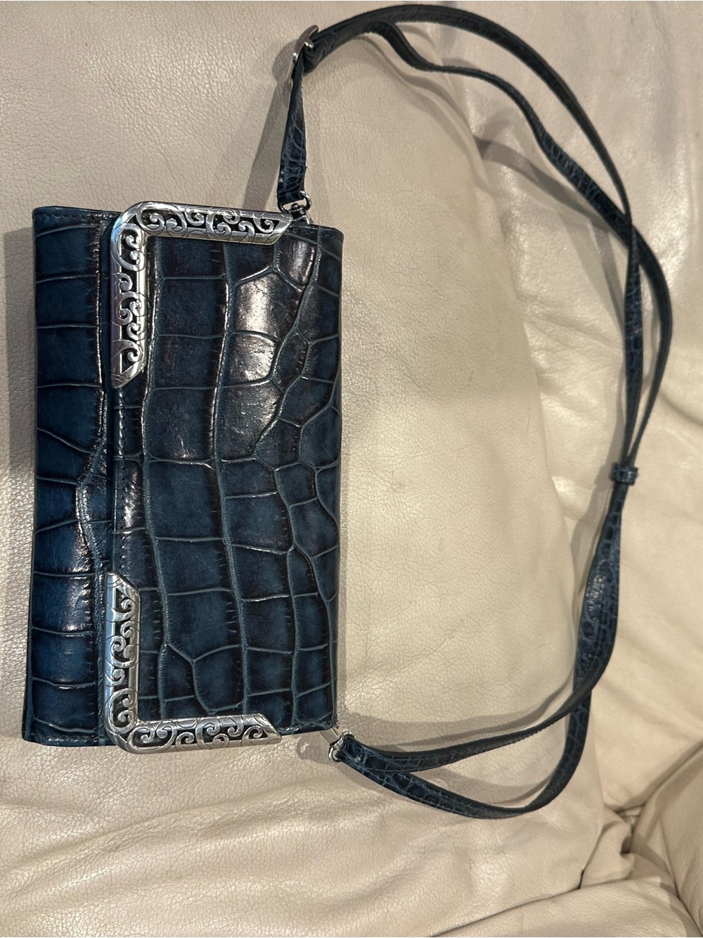 Brighton Navy Croc-Embossed Crossbody with Decorative Silver Trim
